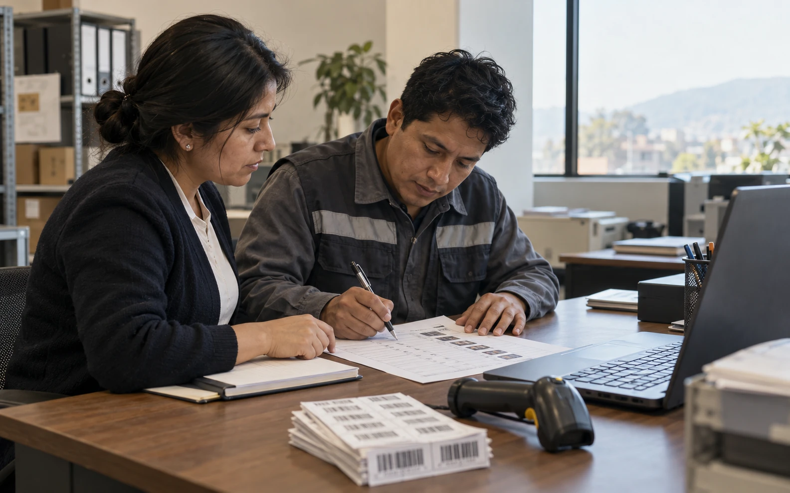 Revisión de una lista de bienes con etiquetas de código de barras y un lector