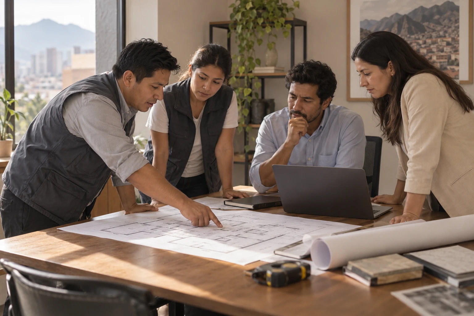 Equipo revisando un plano antes de iniciar un inventario