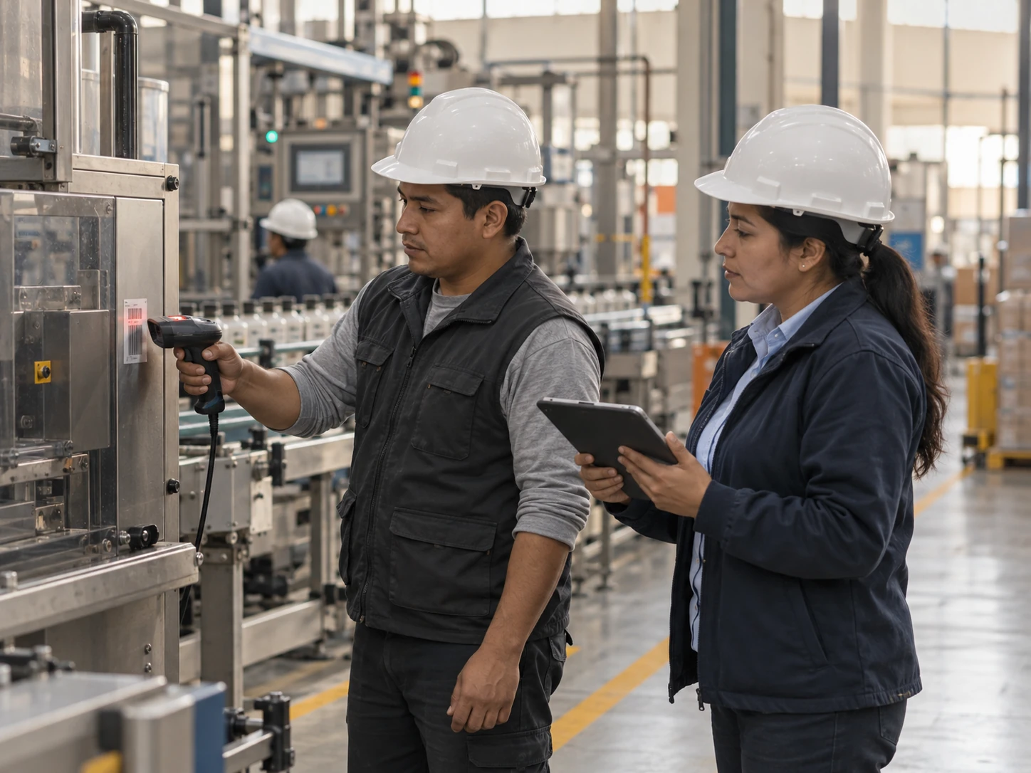 Técnico escaneando la etiqueta de un equipo en una planta industrial