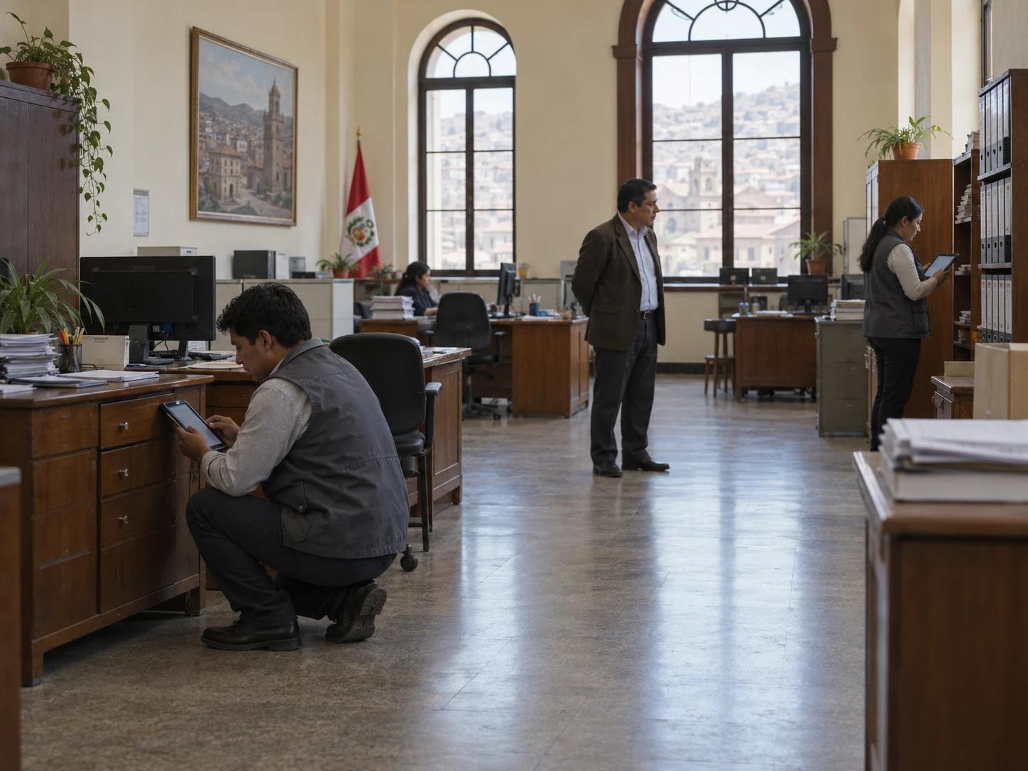 Técnicos registrando mobiliario en una oficina pública