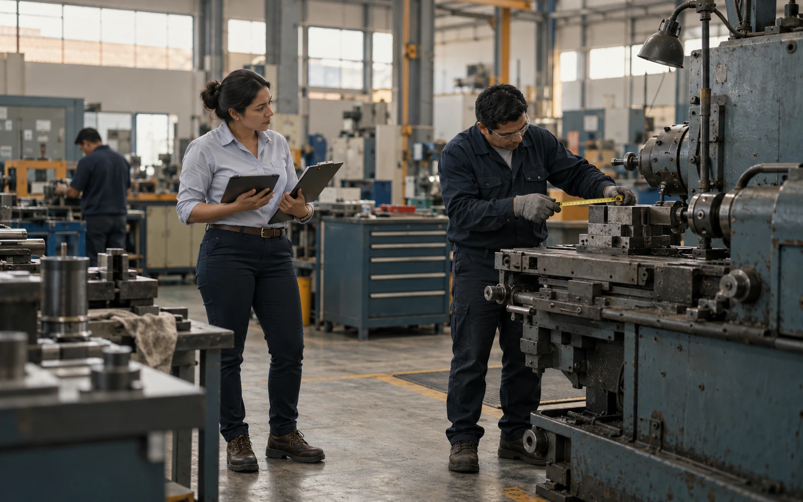 Especialista evaluando maquinaria industrial mientras un técnico toma medidas